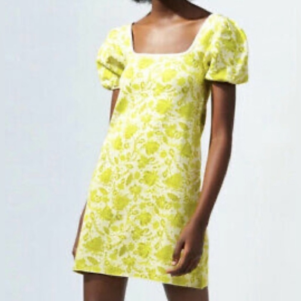 ZARA Chartreuse Floral Jacquard Knit Puff Sleeve Mini Dress Size Small